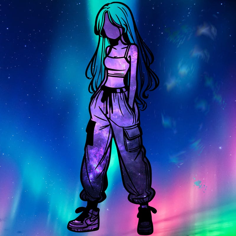 girl in baggy pants crop top and long hair