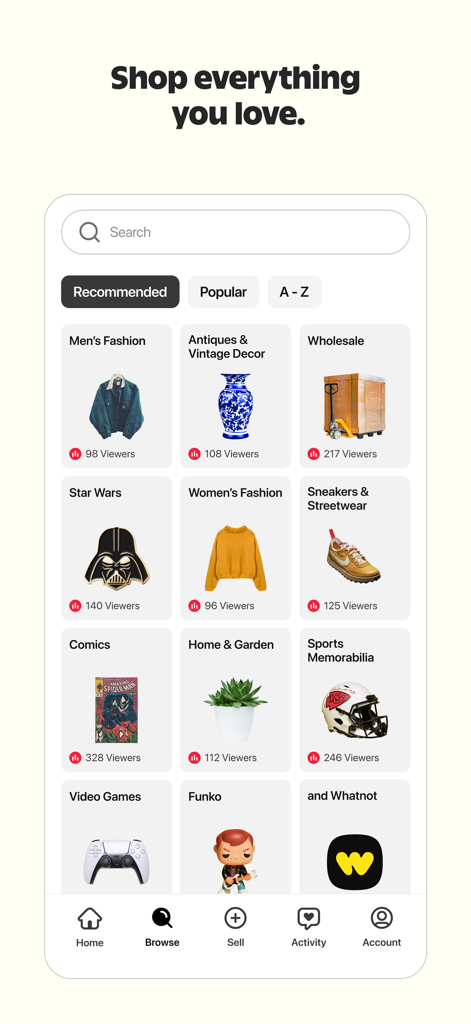 The Whatnot app browse screen showing diverse shopping categories such as sneakers comics and fashion