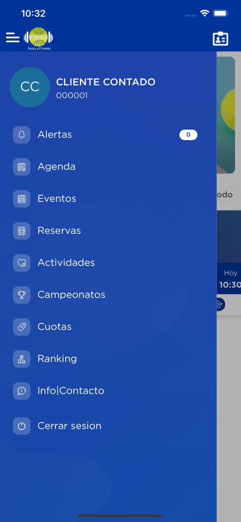 BENISPORT - Side navigation menu of the BENISPORT app showing options for court reservations, tournaments, and rankings