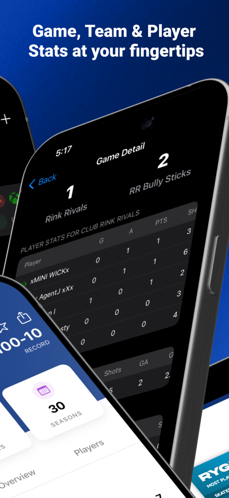 Puck Stats - Puck Stats mobile app displaying game results and player statistics for NHL video games