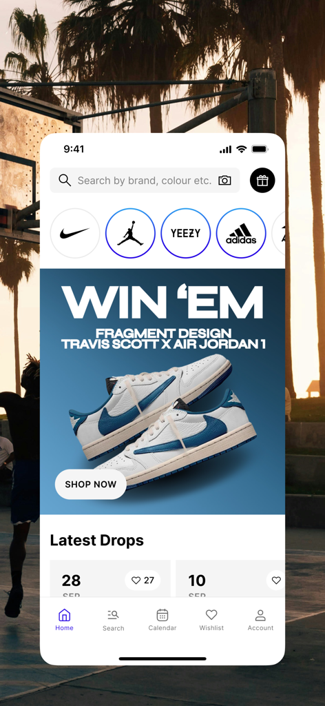 KICKS CREW app home screen showcasing exclusive sneaker drops like Travis Scott Jordan 1 and brand logos for Nike and Adidas