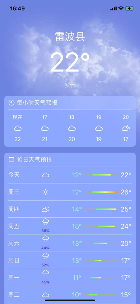 Weather King app interface showing a 10-day weather forecast with temperature ranges and hourly updates