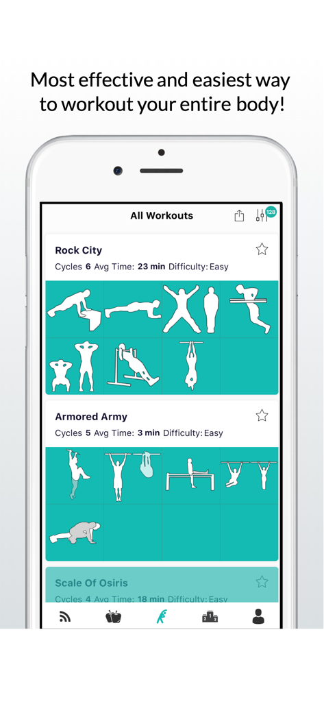 Calisthenics Workout Routines - Smartphone screen displaying the All Workouts list in the Calisthenics Workout Routines app with exercise icons