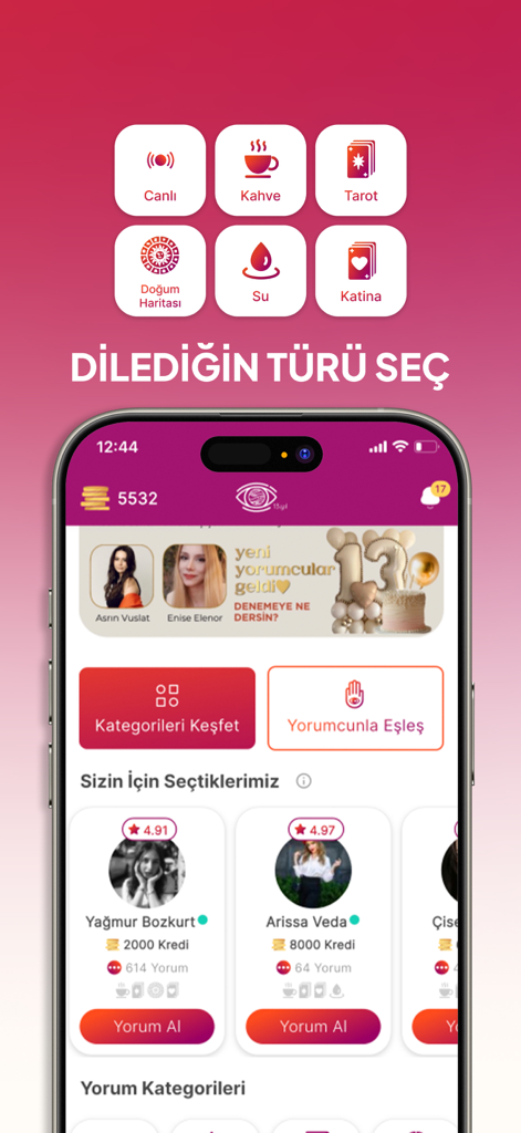 Pantalla de inicio de la aplicación Fal Sepeti que muestra categorías de adivinación como lectura de café y tarot junto con una lista de asesores expertos