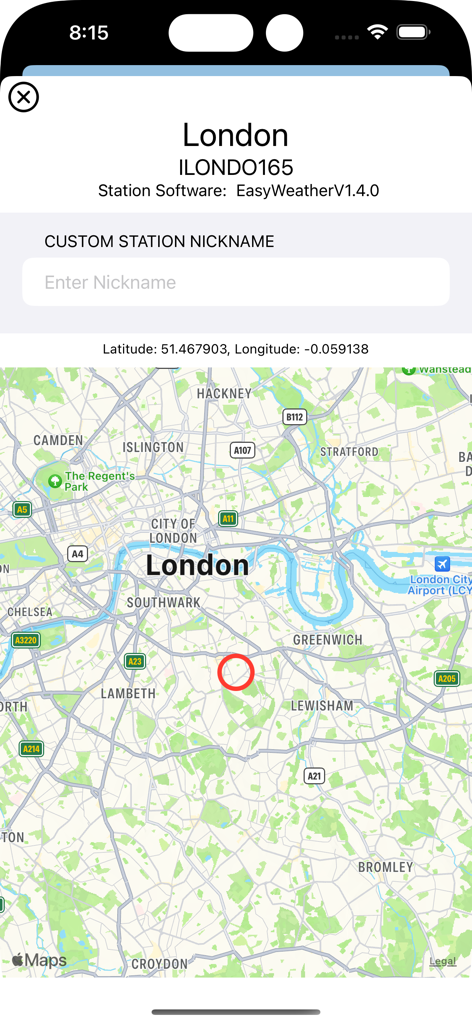 PWS Monitor - PWS Monitor app interface showing a map with a weather station location and custom nickname field