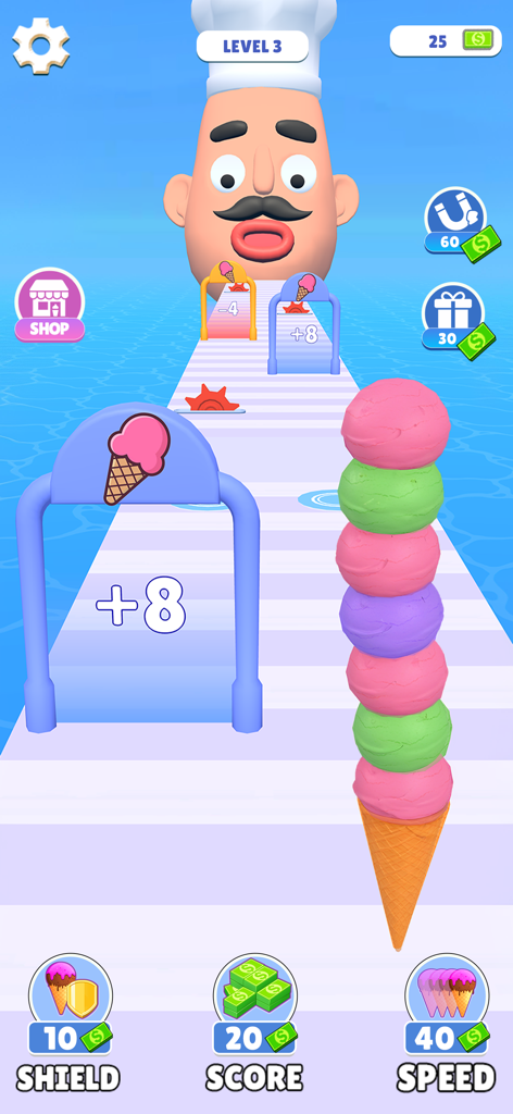 Stacky IceCream Runner - A player stacking colorful ice cream scoops in the Stacky Ice Cream Runner mobile game.