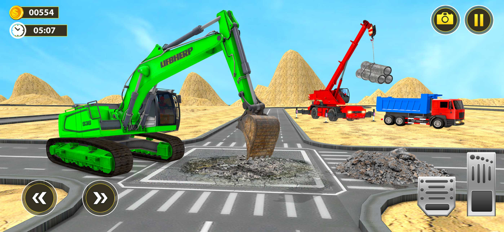 Heavy Excavator Dump Truck 3D - Uma escavadeira verde cavando em um canteiro de obras 3D com um guindaste e um caminhão basculante vermelhos.