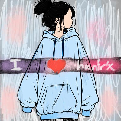 realistic girl with a oversized sweatshirt on and a bun