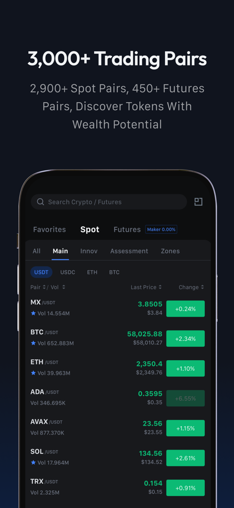 Captura de tela móvel do aplicativo MEXC mostrando uma variedade de pares de negociação de criptomoedas e preços em tempo real