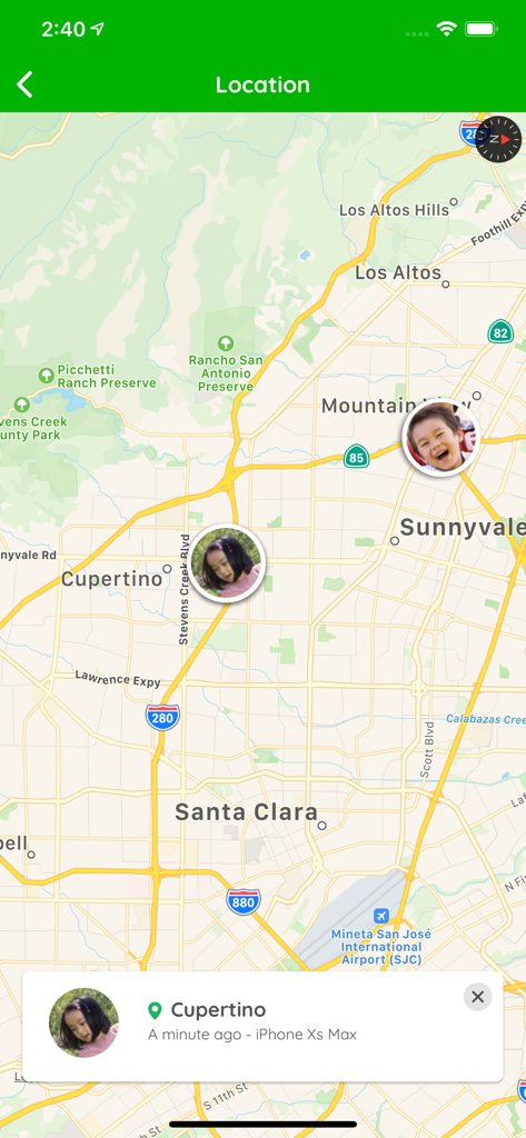 Map interface showing real-time location tracking for family members