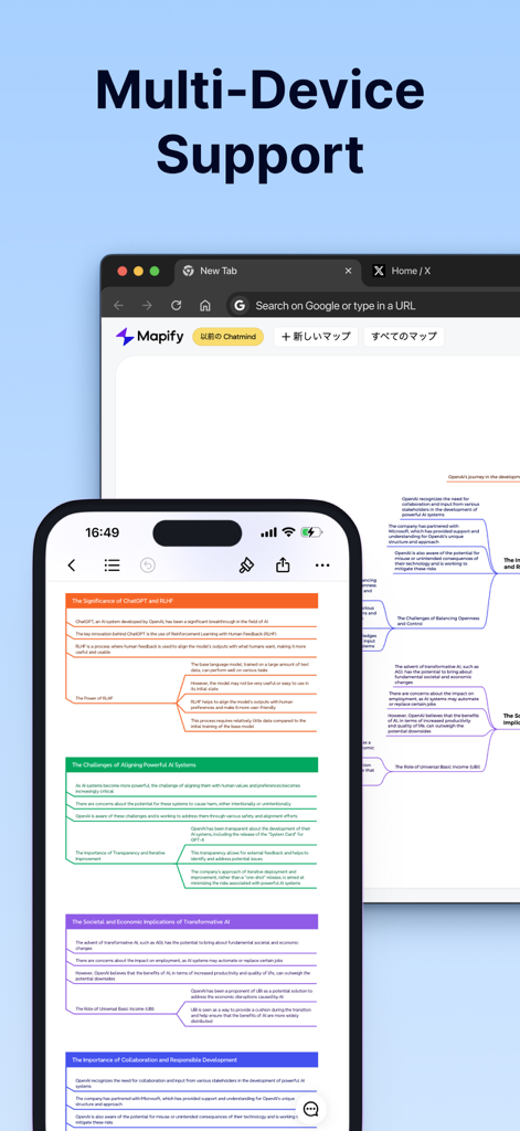 A smartphone and a computer screen showing a synchronized AI mind map across multiple devices using Mapify.