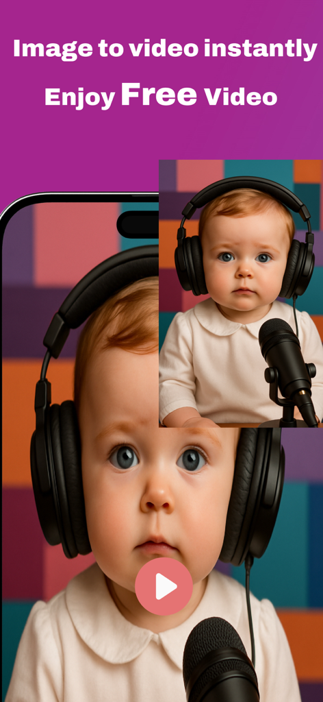 Talkie AI: Avatar Video - Talkie AI App-Bildschirm, der zeigt, wie ein Babyfoto in ein Video umgewandelt wird