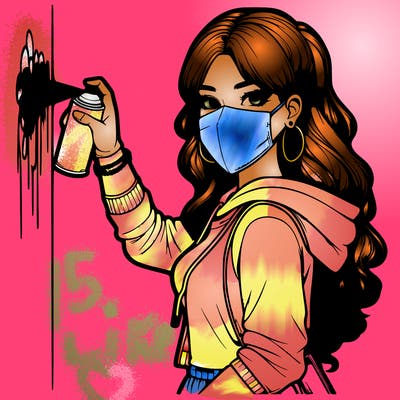 realistic girl with mask spray painting a wall