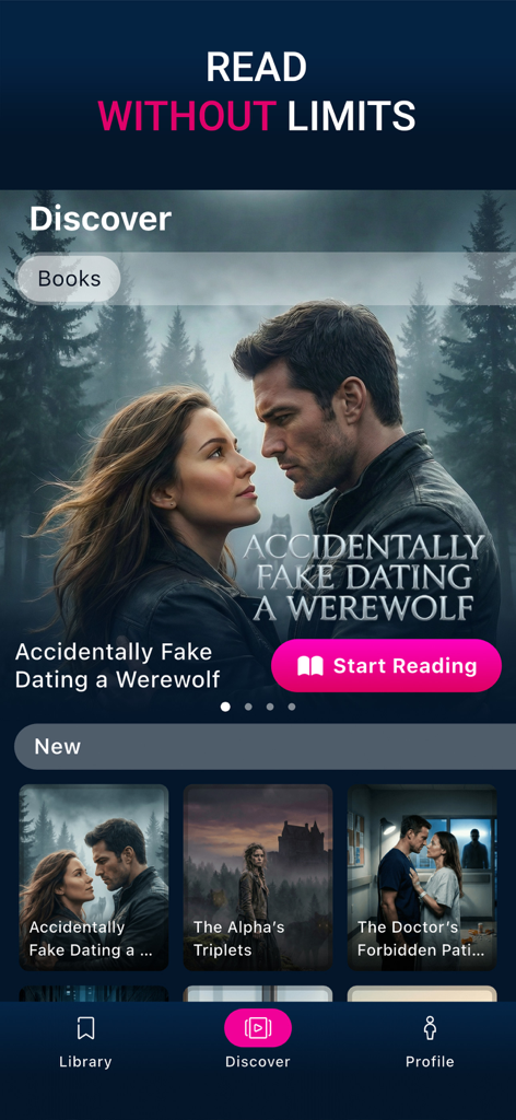 DearStory: Passion for Fiction - DearStoryアプリのディスカバーインターフェース。注目の人狼ロマンス本と新しいタイトルのセレクションが表示されています。