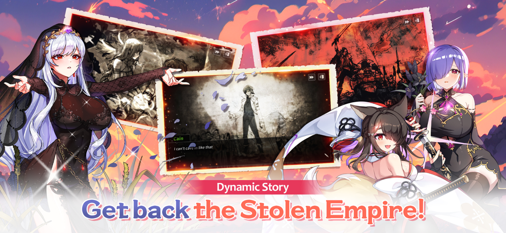Sword Master Story - Personnages féminins anime devant des panneaux de scène d'histoire avec le texte: Récupérez l'Empire volé.