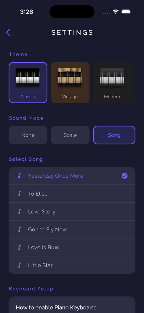Piano Keyboard - Typing Music - The settings menu of the Piano Keyboard app showing keyboard themes like Classic and Vintage along with a song selection list.