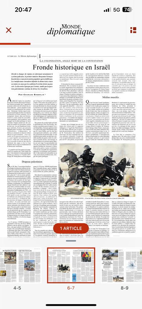 Mobile app interface showing a French language article from Le Monde diplomatique newspaper with text and thumbnail navigation.