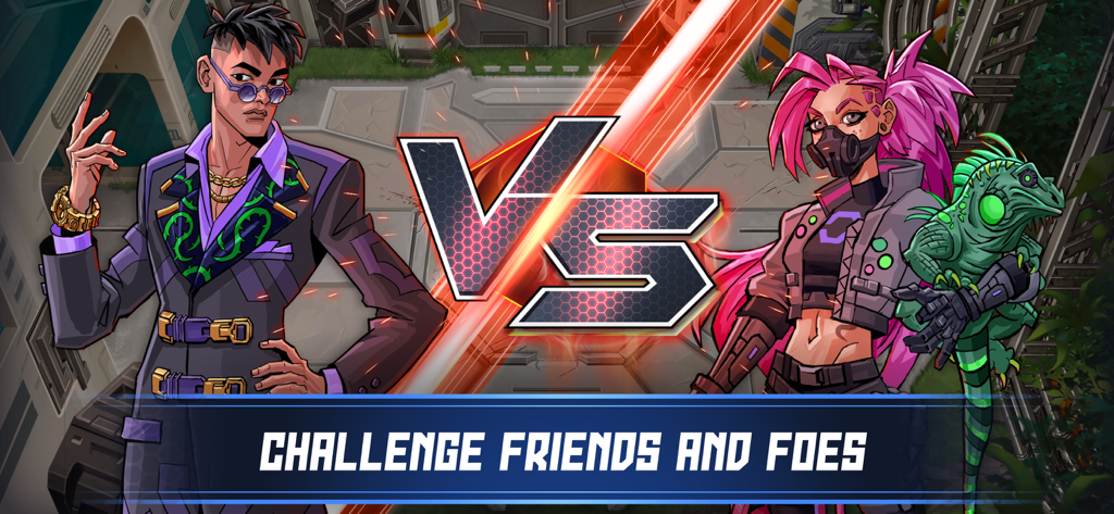 Mutants: Genesis - Deux personnages mutants uniques s'affrontant dans un écran de duel compétitif avec le texte Défiez Amis et Ennemis.