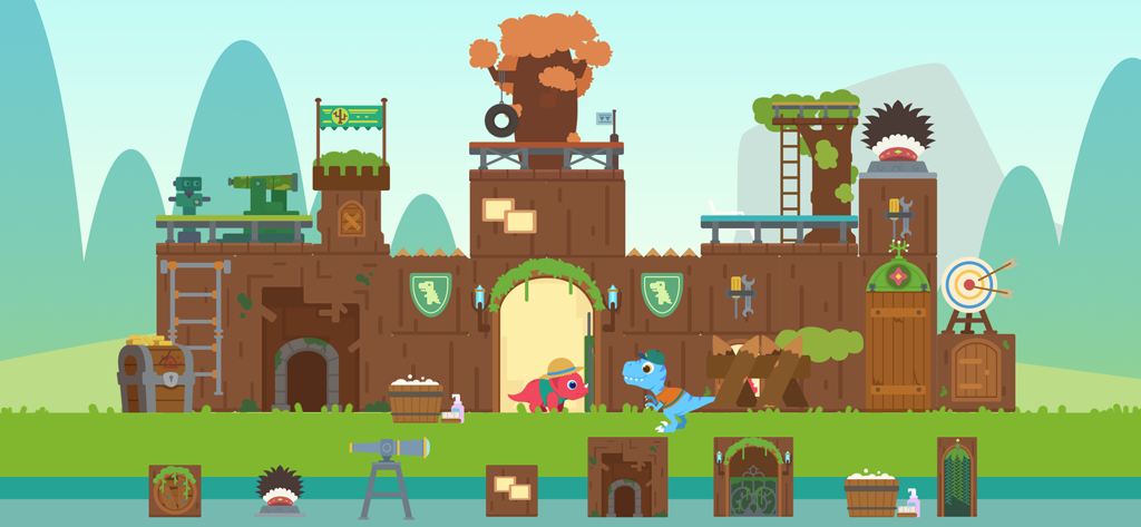 Two cartoon dinosaurs playing in a custom built wooden fort in the Dinosaur City app.