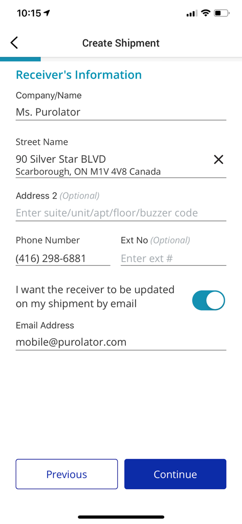 Purolator - Form for entering receiver details in the Purolator mobile app create shipment screen.
