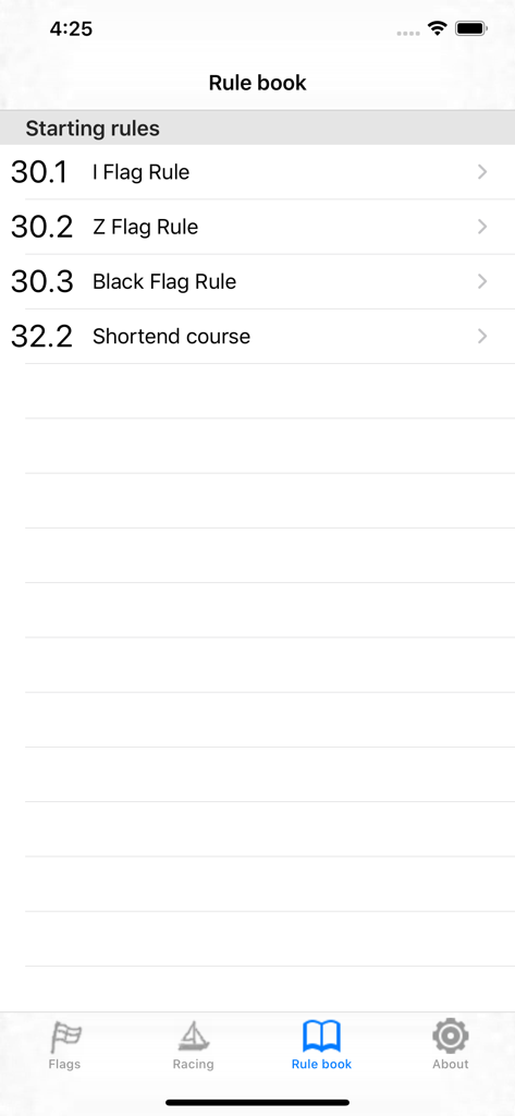iRegatta Flags - Sezione del regolamento dell'app iRegatta Flags che mostra le regole di partenza della vela