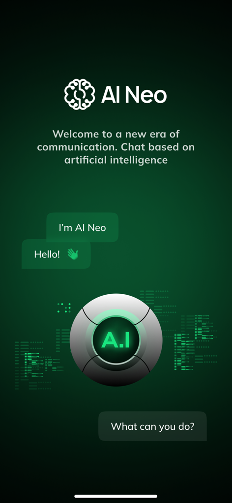 Welcome screen for the AI Neo Smart Assistant app featuring chat bubbles and a central AI graphic on a dark green background