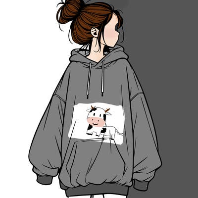 realistic girl with a oversized sweatshirt on and a bun