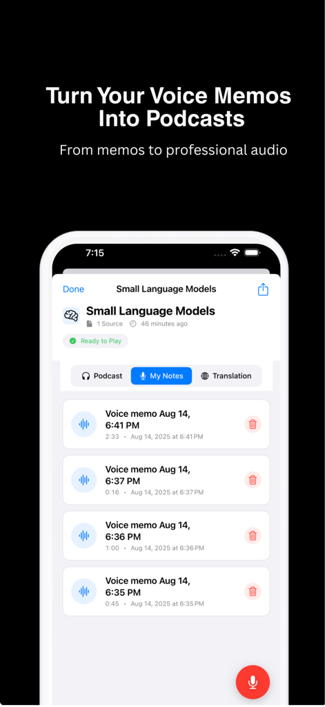 NoteCast AI - NoteCast AI app screen showing a list of recorded voice memos being organized into a professional podcast format