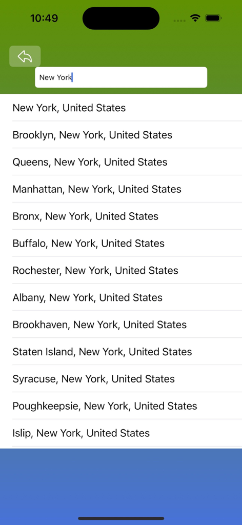Your Weather App - Minimalistische Stadtsuchanzeige in der Wetter-App mit Ergebnissen für New York