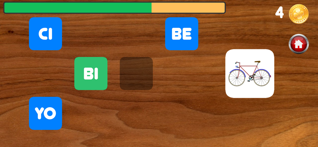 Spanish syllable game interface for children showing the word construction for bicycle