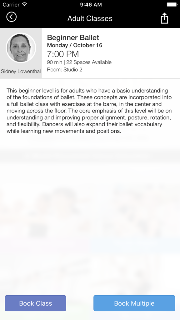 Joffrey Ballet School - Mobile app screen showing details for a beginner ballet class including instructor information and booking buttons