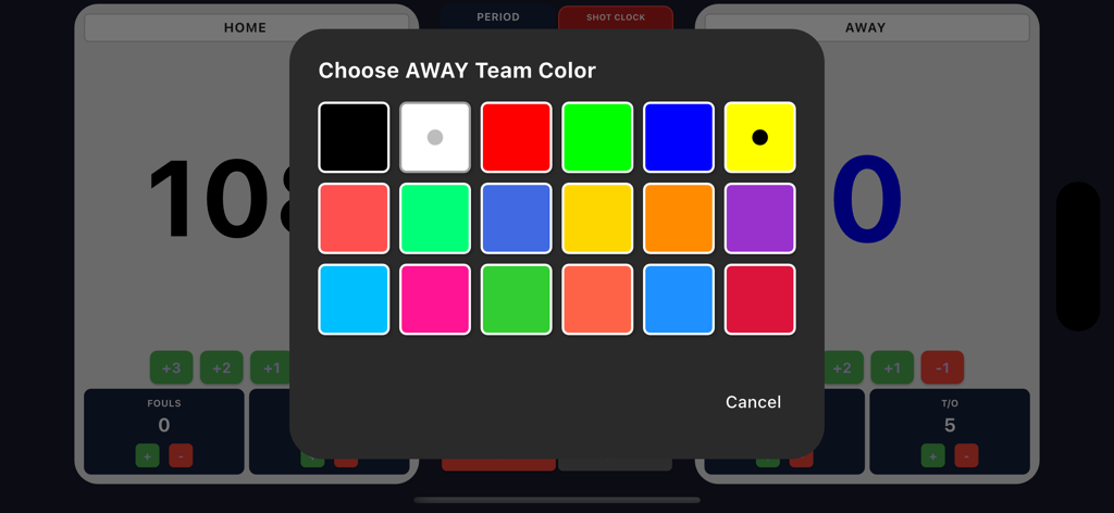 Simple Smart Score Board - Interface for choosing the away team color in a digital basketball scoreboard app