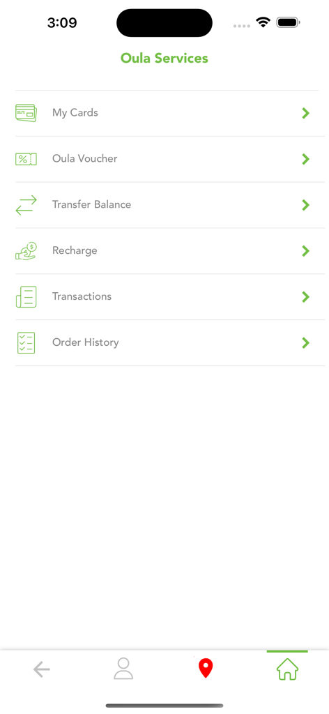 Oula-Dienstmenü-Bildschirm mit Optionen zur Verwaltung von Kraftstoffkarten und Zahlungen