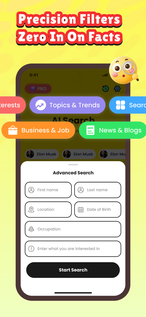 DeepCheck: AI People Finder - Screenshot dell'app DeepCheck che mostra filtri di ricerca avanzati per nome, luogo, data di nascita e occupazione