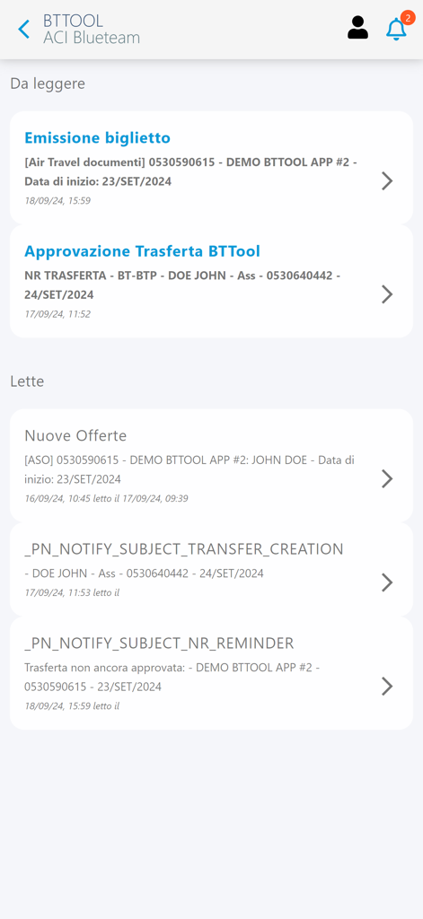 BTTool - Centro notifiche dell'app BTTool che mostra l'emissione di biglietti di viaggio e le richieste di approvazione del viaggio