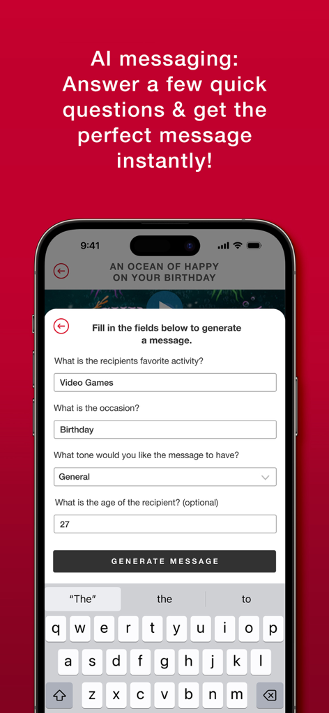 American Greetings Ecards - AI message generator feature on the American Greetings Ecards app.