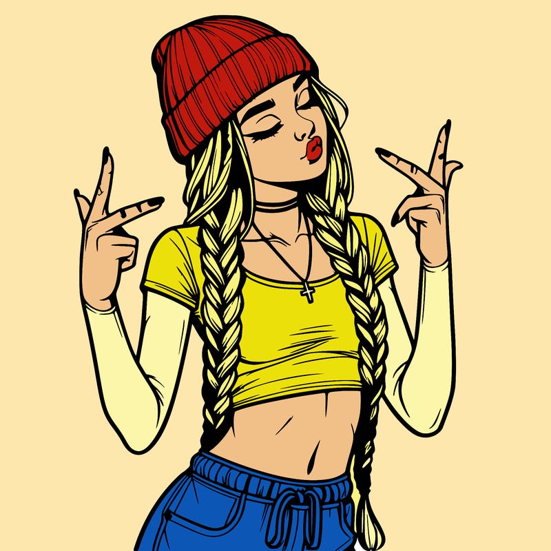 realistic teenage girl with braids and a beanie and crop top doing 🫶🏼