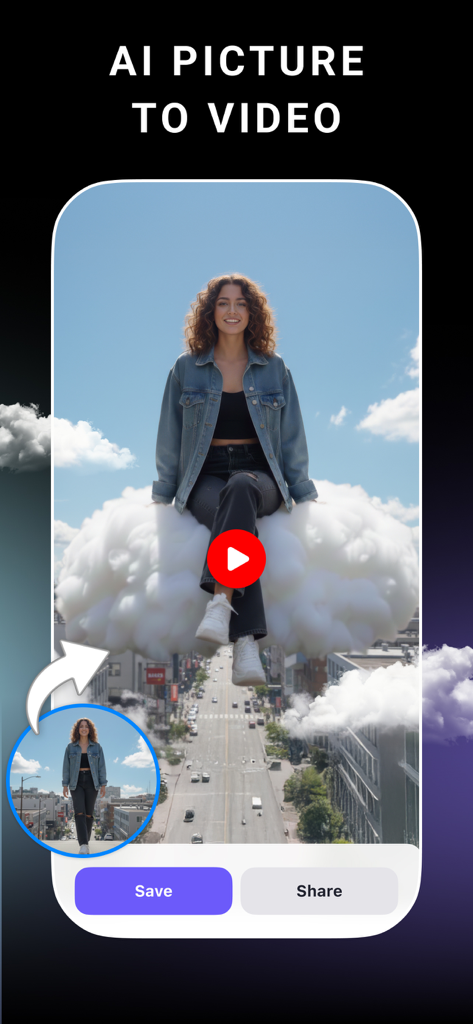 AI picture to video conversion showing a woman sitting on a cloud above a city street