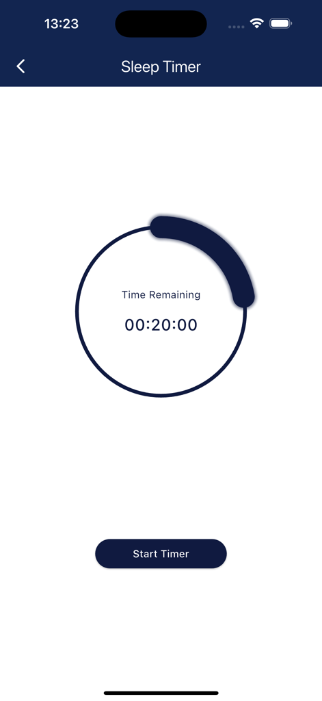 Radio WJFD app sleep timer screen showing a circular countdown set to twenty minutes with a start button