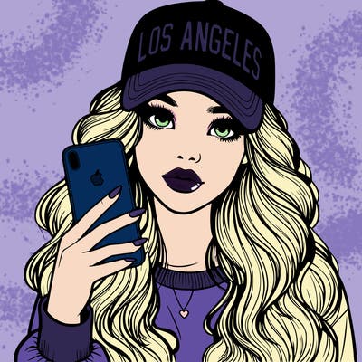 realistic beautiful girl wearing los ángeles cap holding an iphone