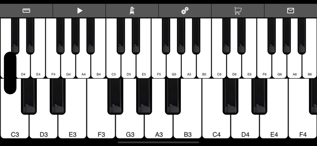 Piano - 2 Keyboard Tiles Play - Oberfläche einer Piano-Anwendung mit zwei Reihen von musikalischen Keyboards mit Notenbeschriftungen.