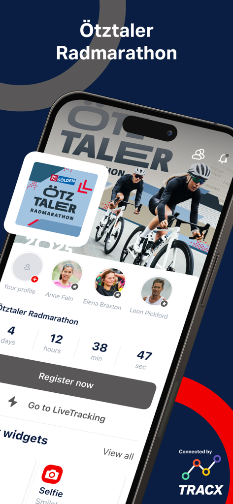 Otztaler Radmarathon Cycling App Benutzeroberfläche mit Renn-Countdown und Registrierungsfunktionen