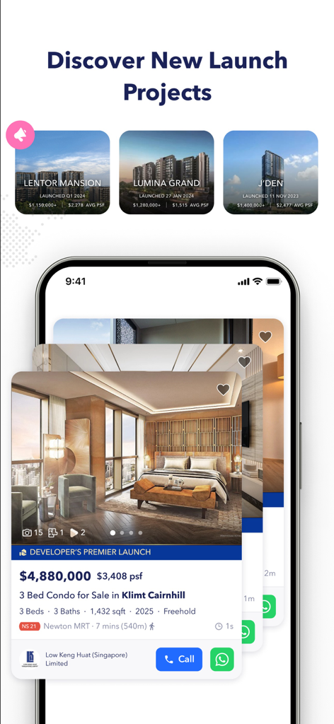 99.co Singapore Property, HDBs - 99.co mobile app screen showing new launch projects and luxury condo listings in Singapore