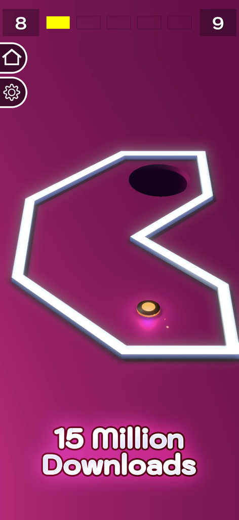 Buca! Fun, Satisfying Game - Nivel del juego móvil Buca que muestra un disco brillante y un agujero en un fondo morado con 15 millones de descargas.