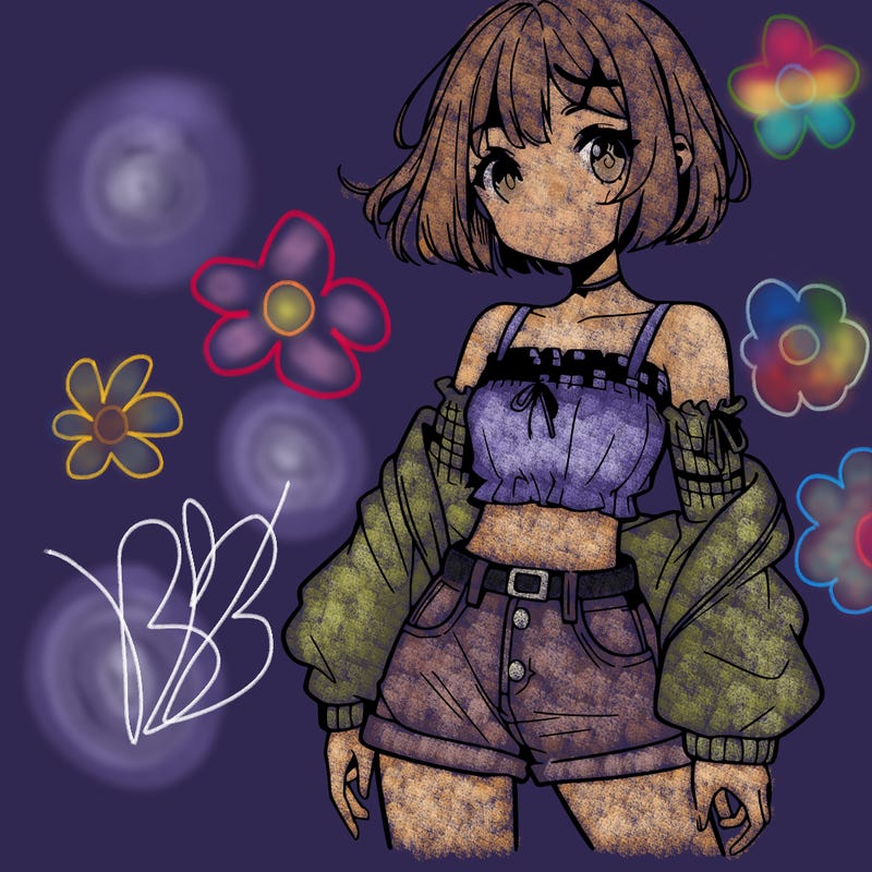 anime girl with mini shorts and a crop top and short hair
