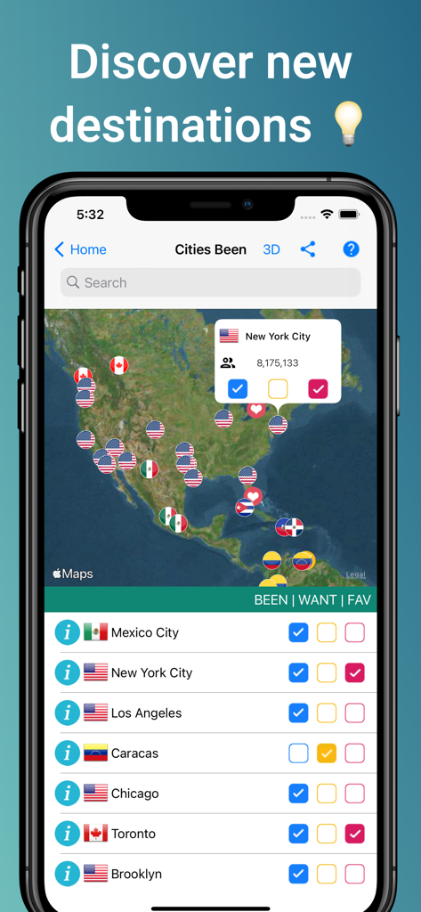 Captura de pantalla de la aplicación Places Been que muestra un mapa de viajes de América del Norte con pines de banderas que marcan las ciudades visitadas y una lista de destinos.