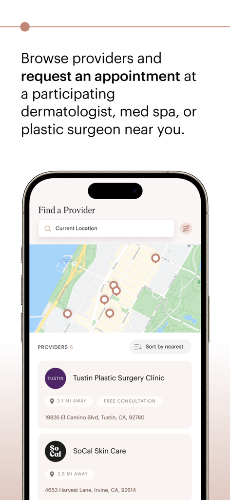 Allē - Interface of the Alle app showing a map and list of local aesthetic providers to find and book appointments