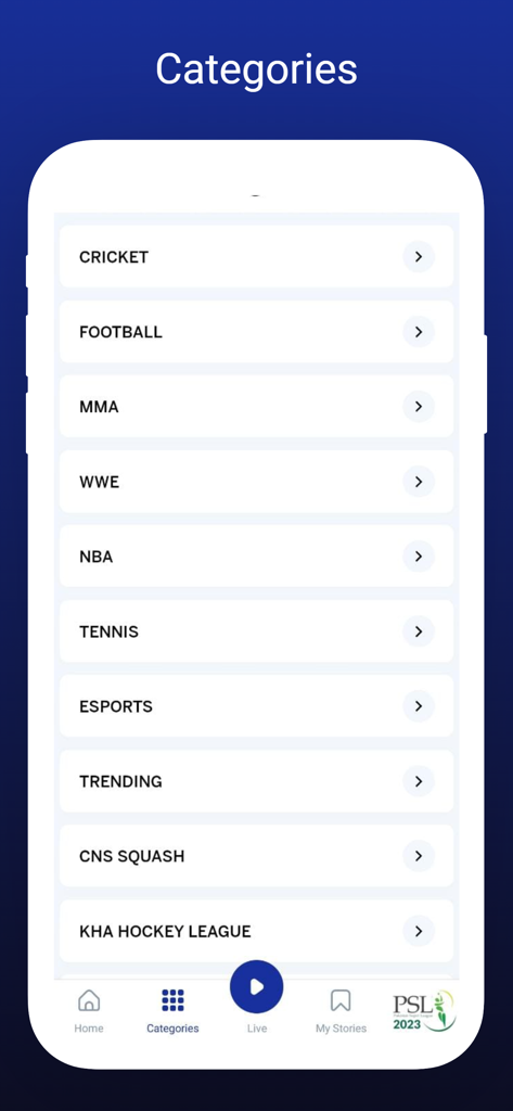 Geo Super Official app interface showing a list of sports categories like cricket football and mma