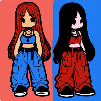 girl in baggy pants crop top and long hair