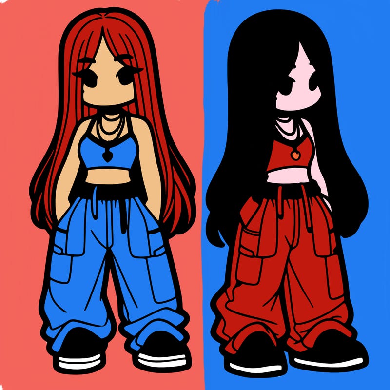 girl in baggy pants crop top and long hair